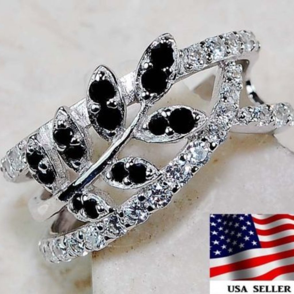 New Womens Black  White Sapphire Ring 14kt 925 Silver